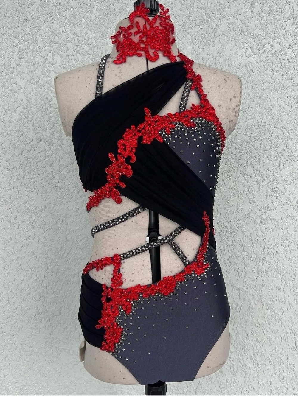 Black, Gray and Red One-Piece Dance Costume with Crystal Accents